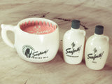 Seaforth shave mug, shaving soap and bottle set.